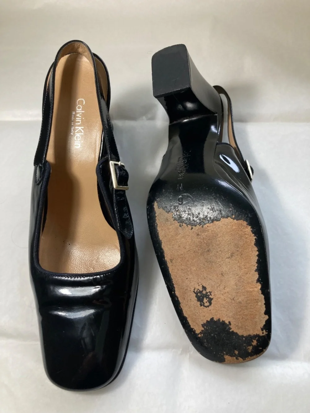 Calvin Klein S6 Slingback Patent Leather Block Heel Pumps - silver strap buckle